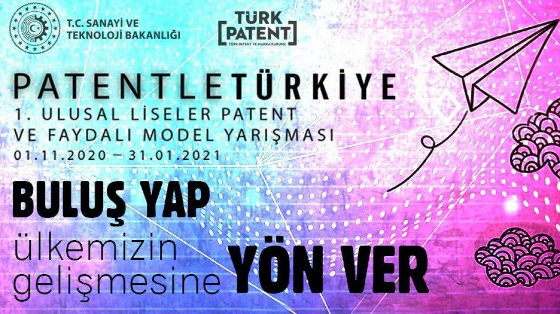 Türk Patent ve Marka Kurumu tarafından bu yıl ilk defa düzenlenen Milli Eğitim Bakanlığına bağlı okullarda öğrenim gören lise öğrencilerine yönelik patent/faydalı model yarışması başvuruları devam ediyor